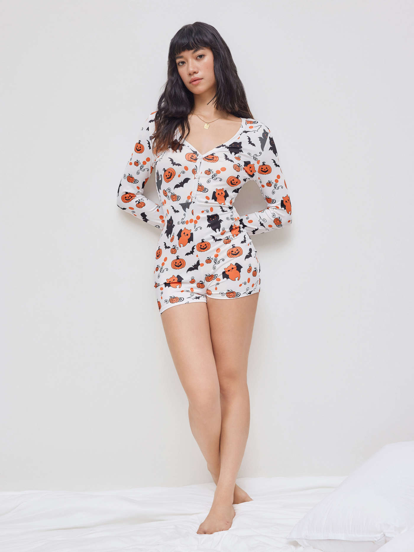 V-neck Halloween Pumpkin Bat Graphic Lounge Romper