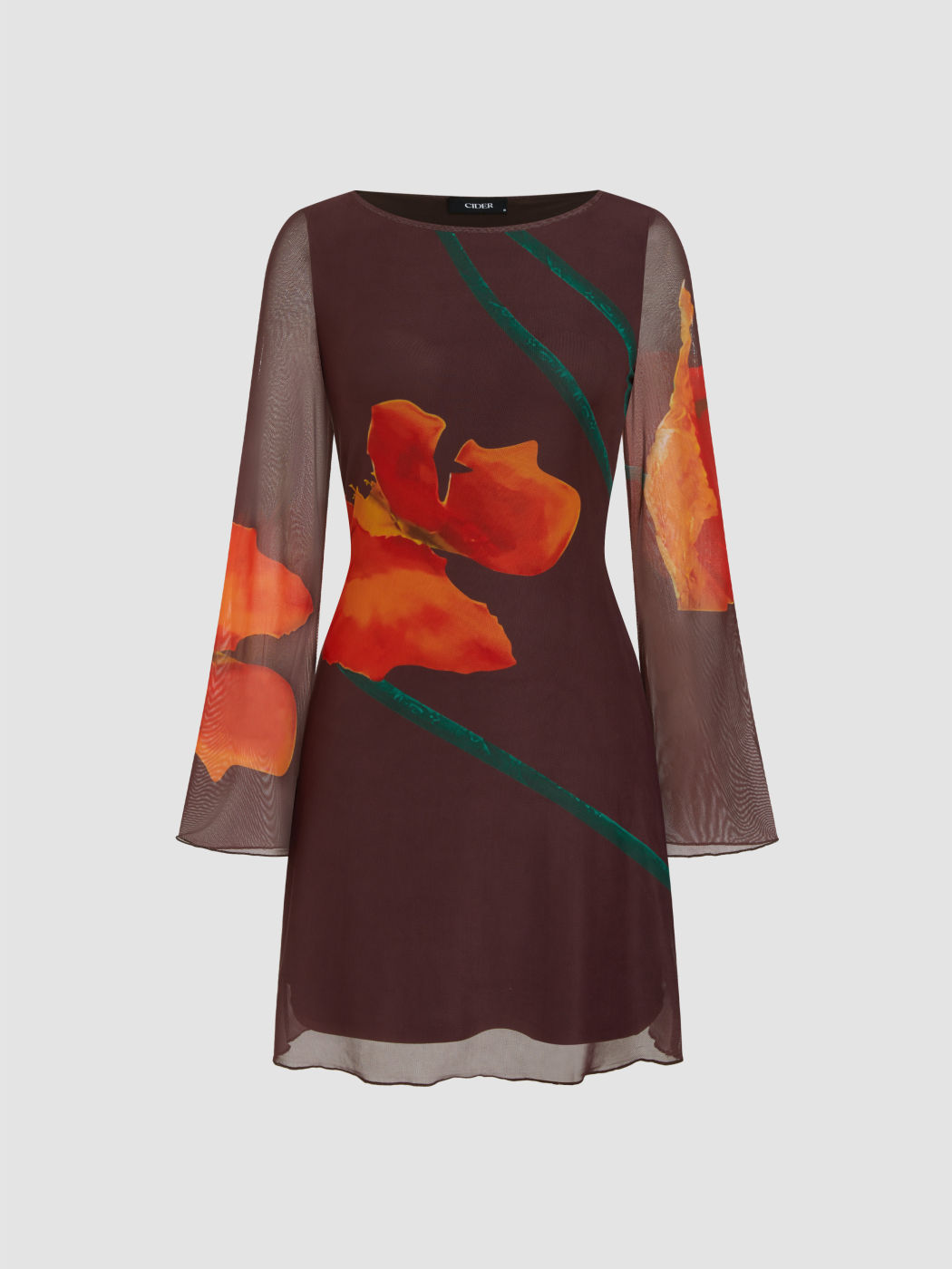 Mesh Boat Neck Floral Mini Dress