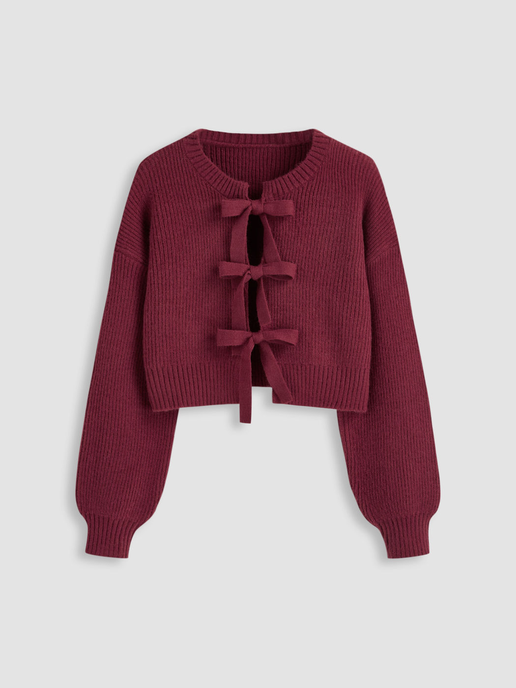 Strickjacke mit runder Halsöffnung, einfarbigem Design und Schleife an der Vorderseite
