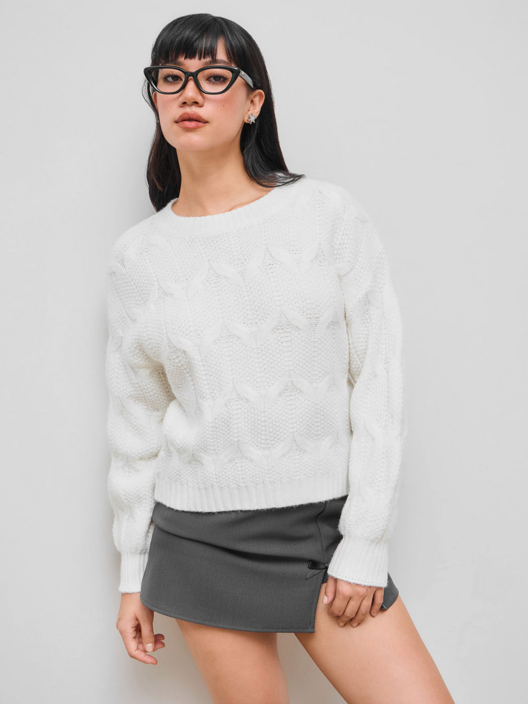 Cable Knit Round Neckline Oversized Long Sleeve Top