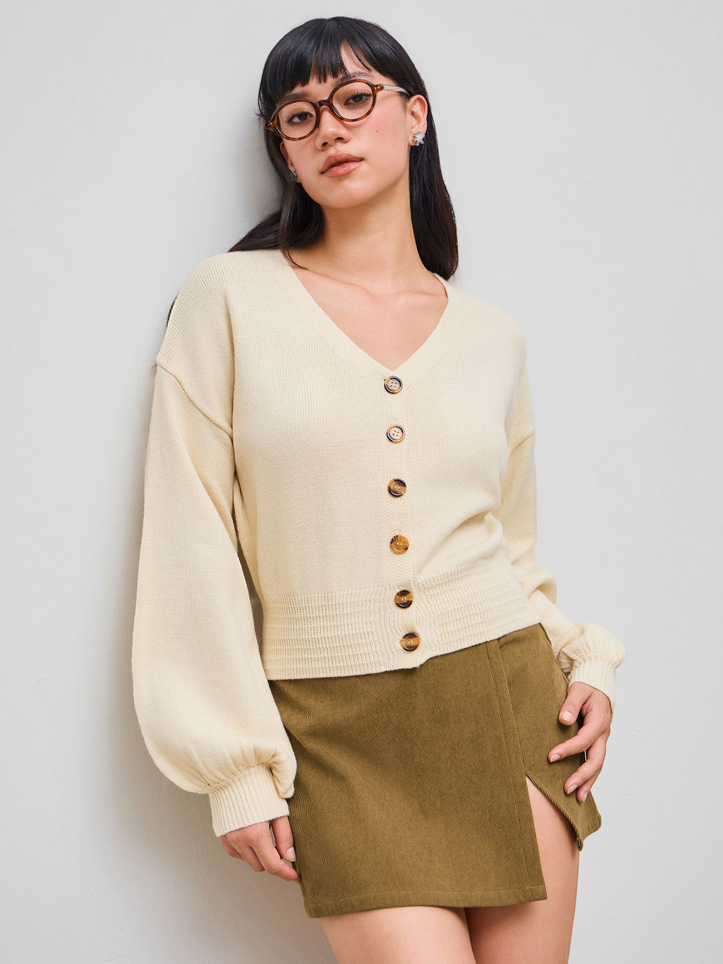Knit V-neck Shirred Cardigan