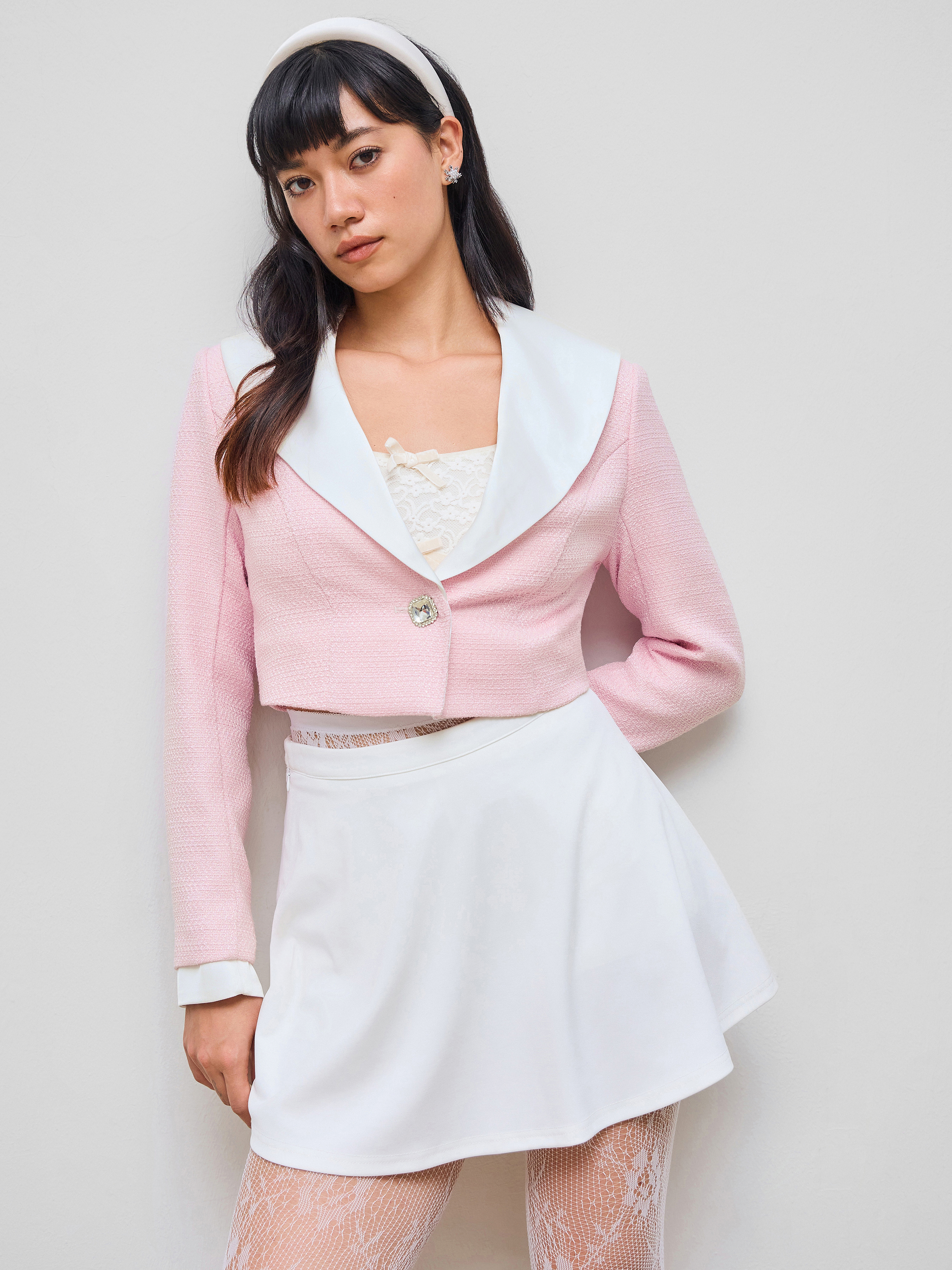Tweed Tweed Collar Two Tone Crop Jacket For Work