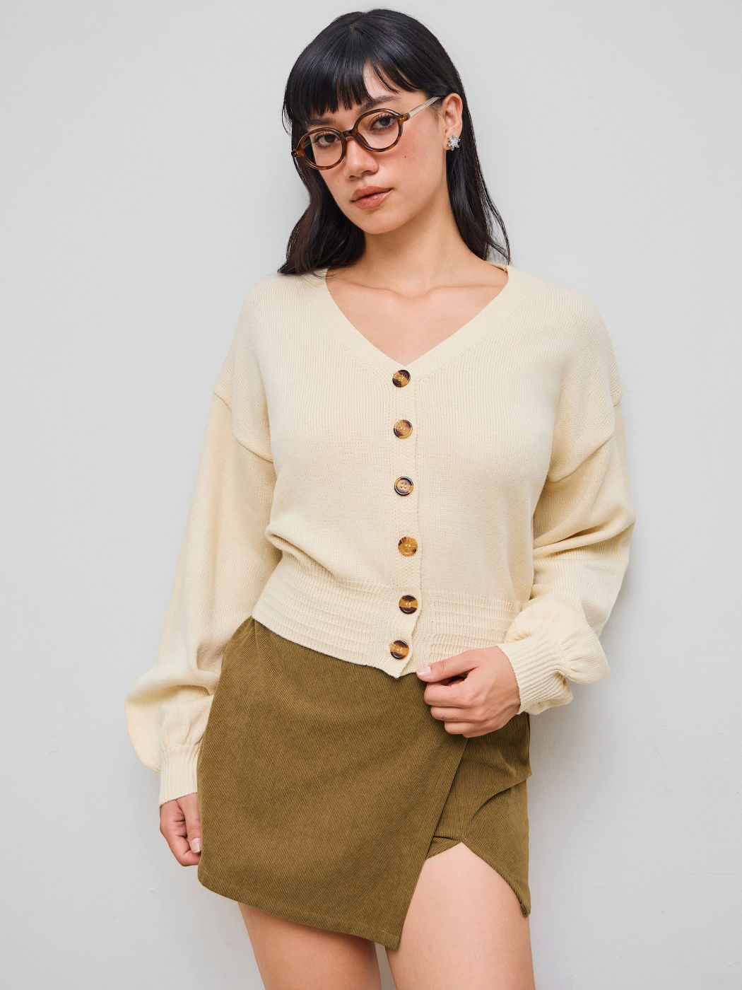 Knit V-neck Shirred Cardigan