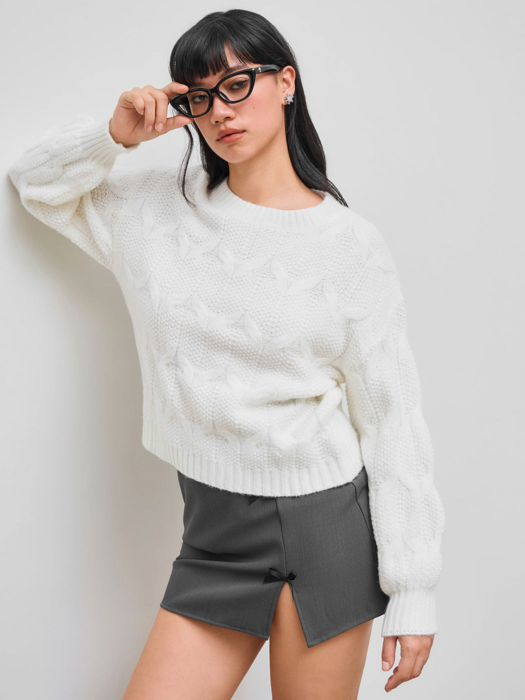 Cable Knit Round Neckline Oversized Long Sleeve Top