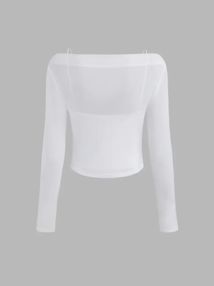 Boat Neckline Solid Ruched See-Through Long Sleeve Tee & Solid Cami Top