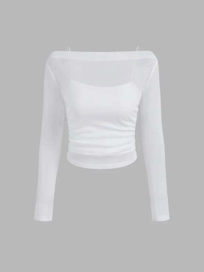 Linen-blend Asymmetrical Neck Two Tone Ruched Top