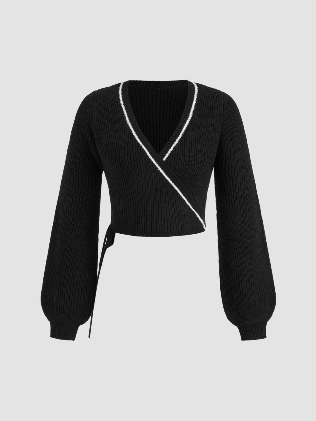 Knit V-neck  Knotted Contrasting Binding Long Sleeve Top