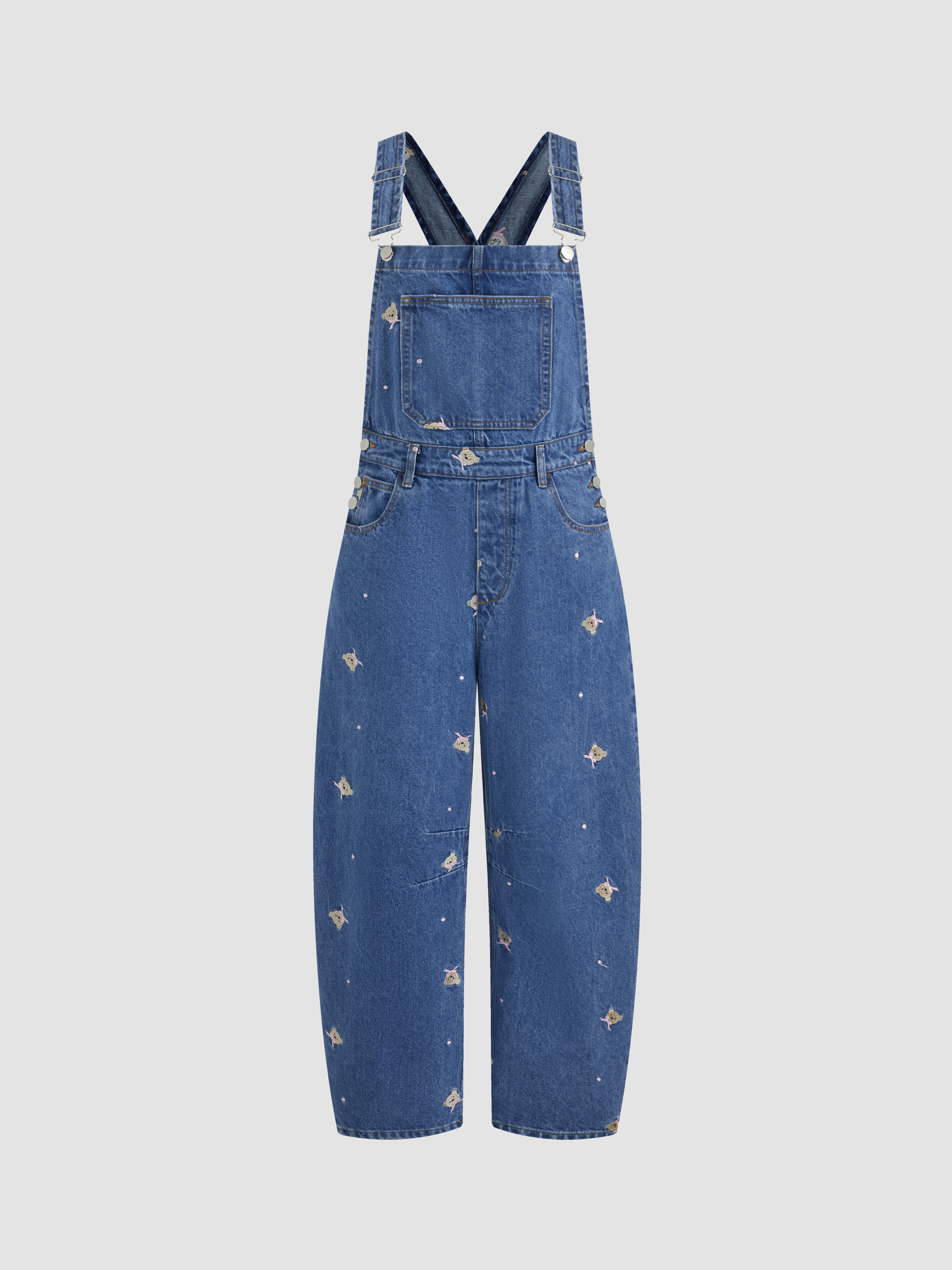 Denim Denim Bear Embroidery Buckle Up Pocket Barrel-leg