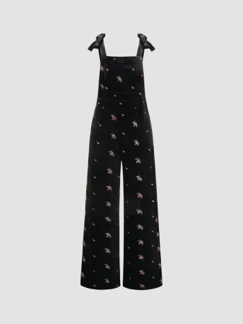 Velvet Floral Knotted Straight Leg Jumpsuit