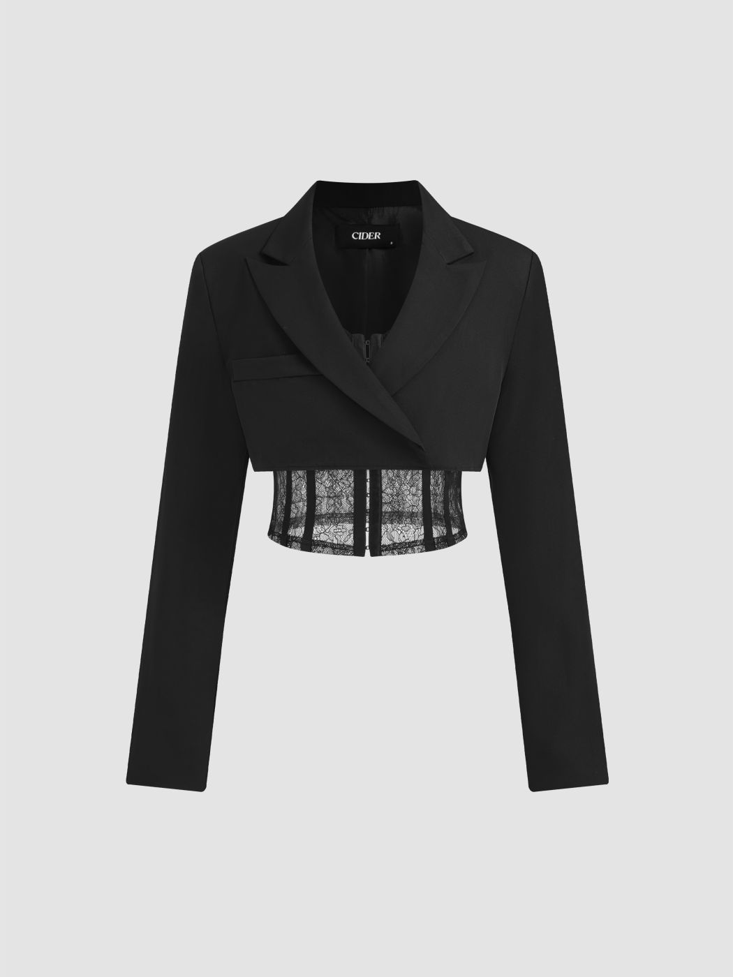 Notched Collar Cropped Blazer & Spitzenkorsett