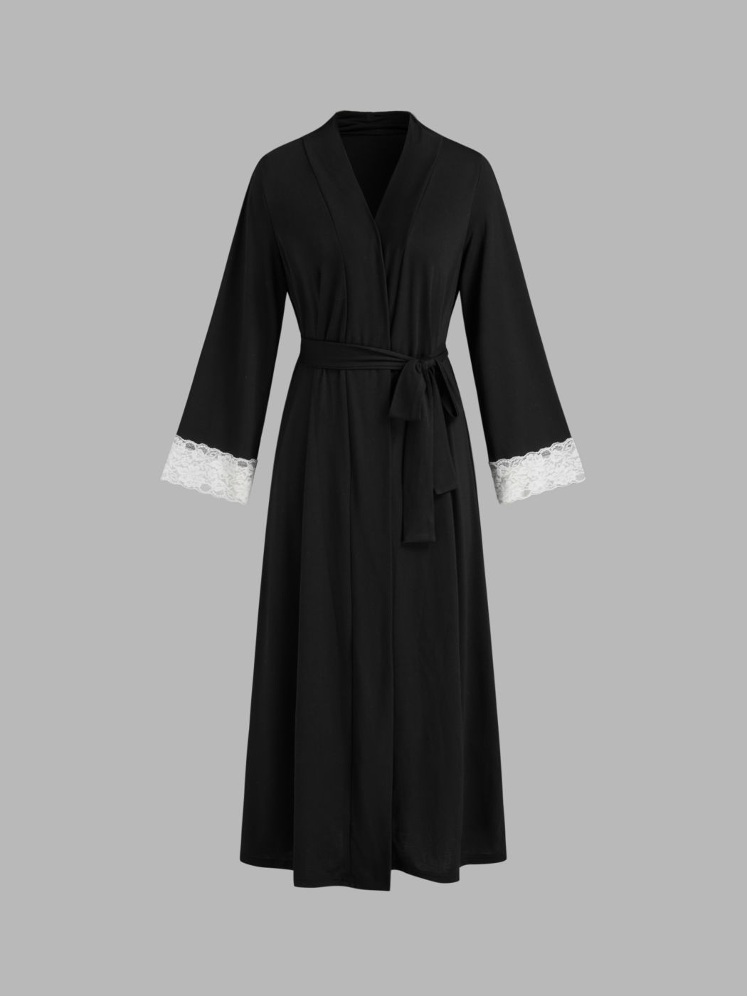 V-neck Lace Trim Oversized Robe With Belt