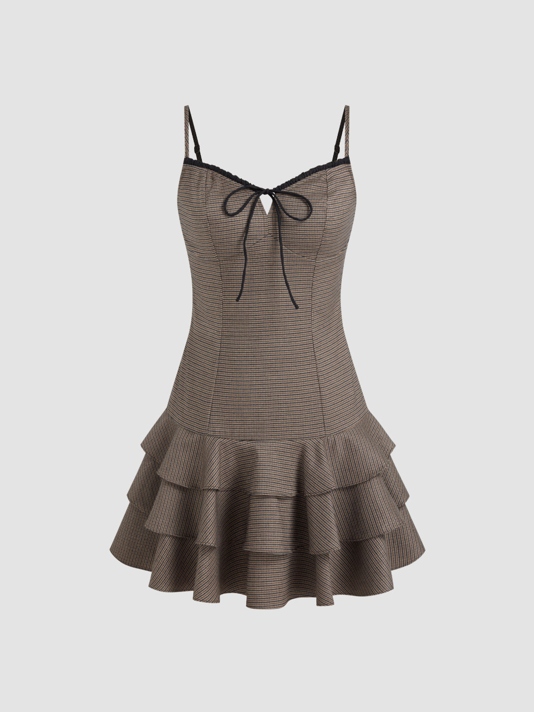 U-neckline Houndstooth Knotted Ruffle Layered Mini Dress
