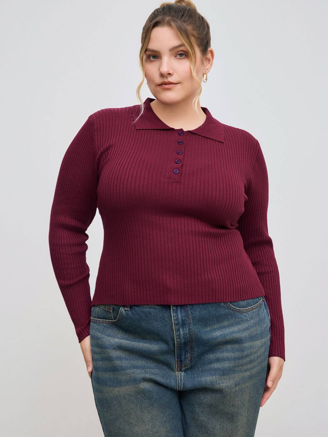 Knit Polo Solid Knöpfe Langarmoberteil Kurve & Plus