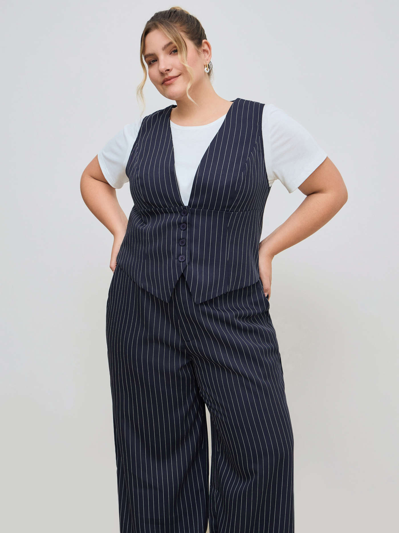 V-neck Stripe Button Tank Top & Mid Rise Pocket Straight Leg Trousers Set Curve & Plus