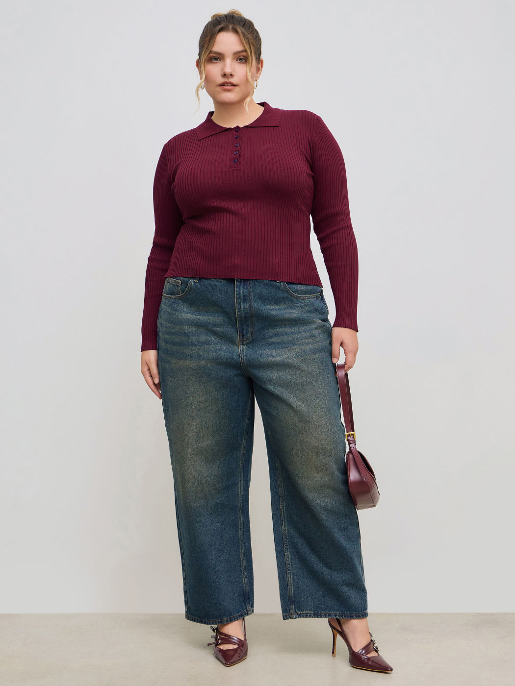 Knit Polo Solid Knöpfe Langarmoberteil Kurve & Plus