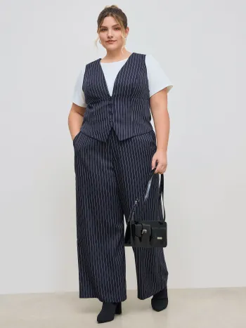 V-Ausschnitt Streifen Knopf Tanktop & Mittelhohe Taschen Gerade Beine Hosen Set Kurve & Plus