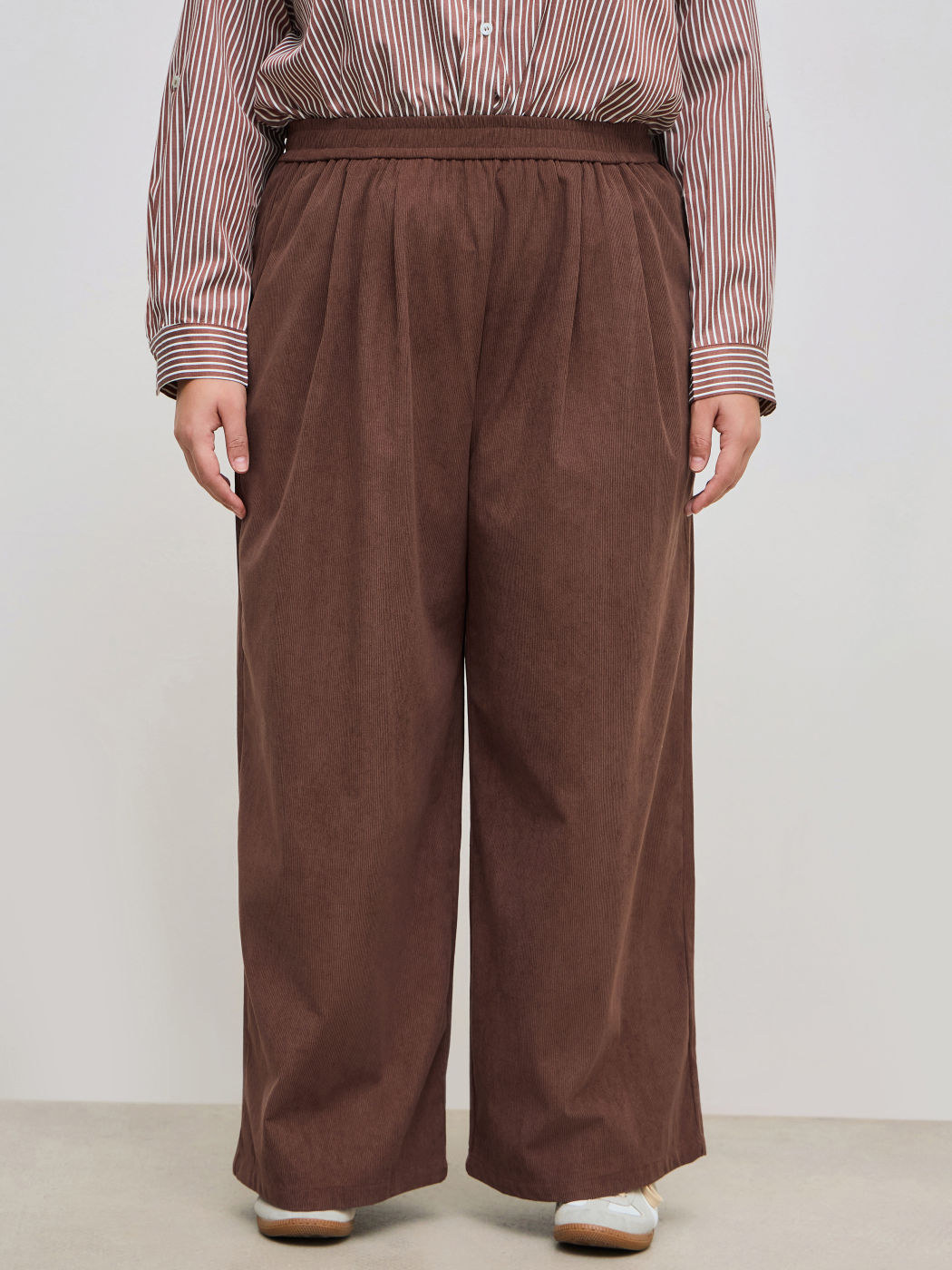 Corduroy Mid Rise Solid Pocket Wide Leg Trousers Curve & Plus