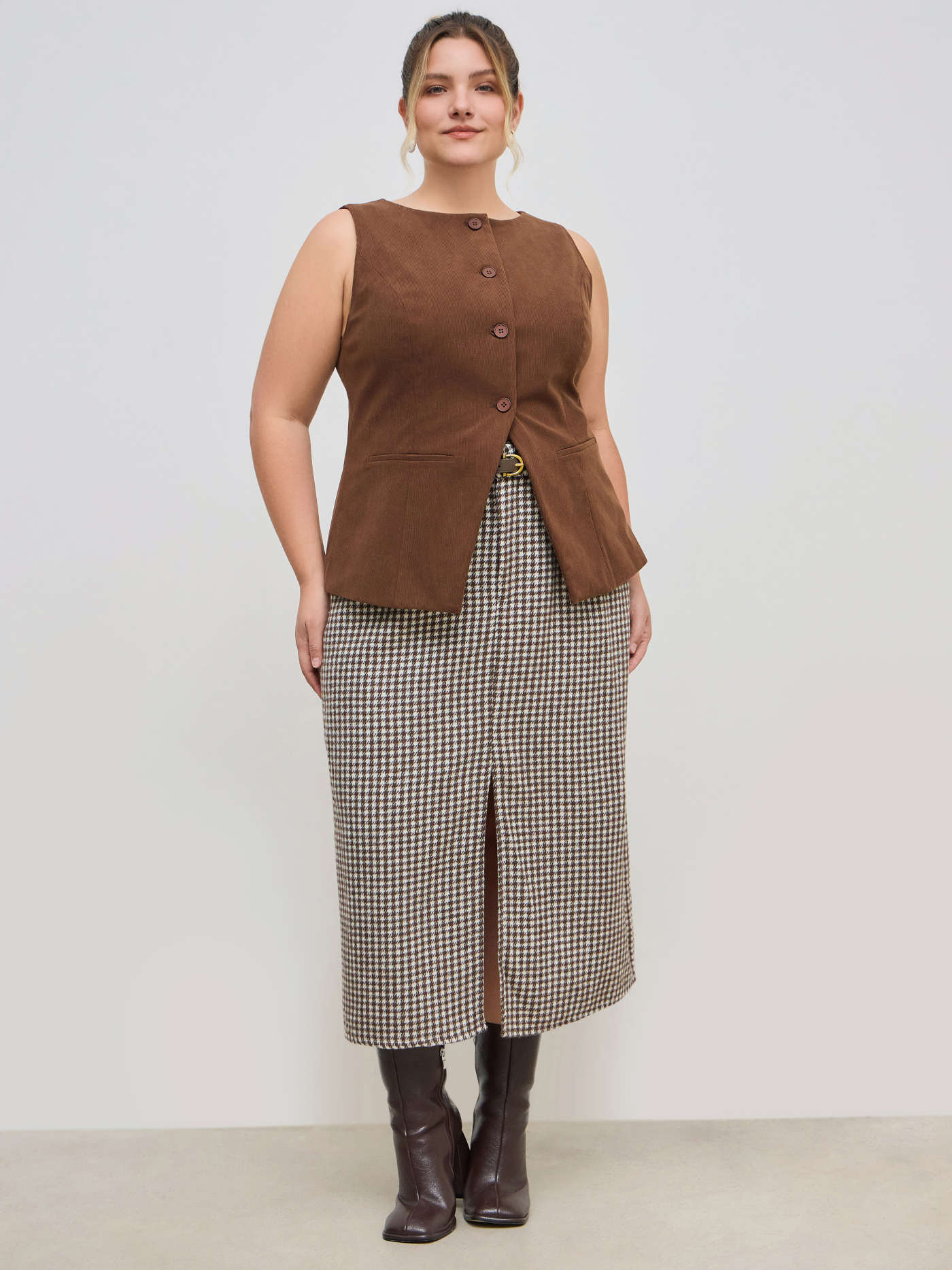 Cotton-blend Mid Rise Houndstooth Split Maxi Skirt With Belt Curve & Plus