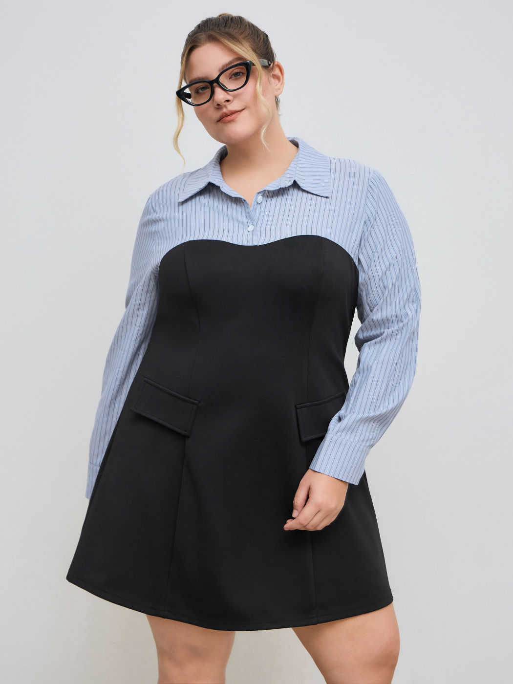 Pulsante a righe con colletto Mini abito bicolore Curve & Plus
