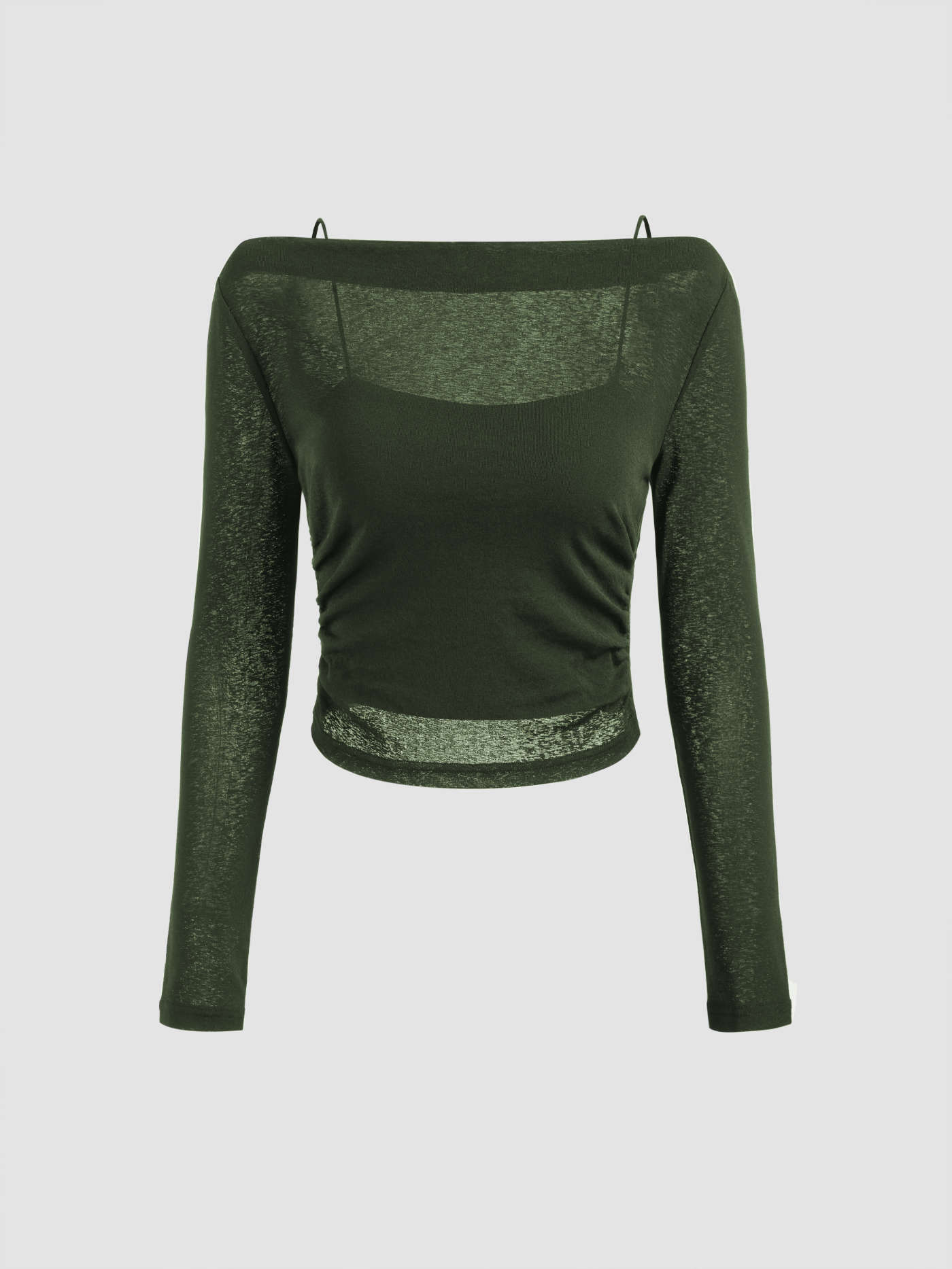 Boat Neckline Solid Ruched See-Through Long Sleeve Tee & Solid Cami Top