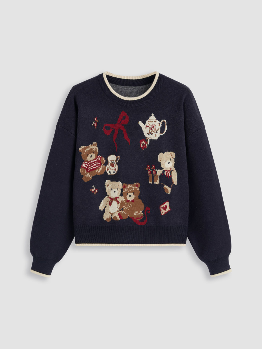 Knit Round Neckline Bear Bowknot Contrasting Binding Long Sleeve Top Curve & Plus