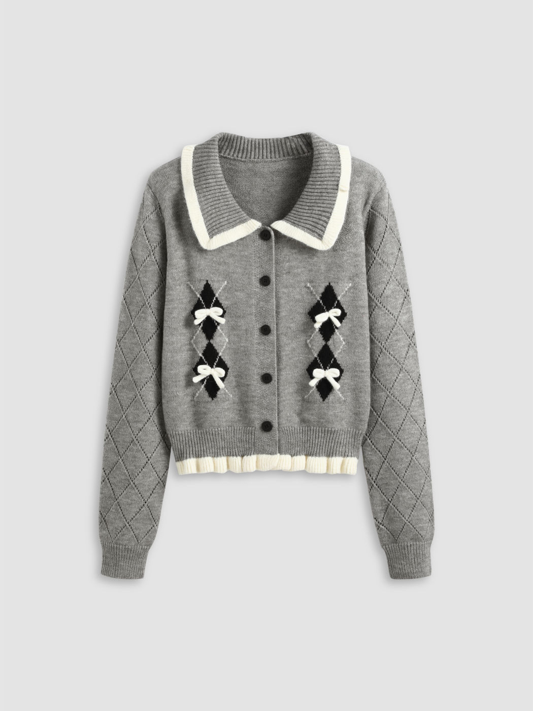 Knit Collar Argyle Bowknot Cardigan