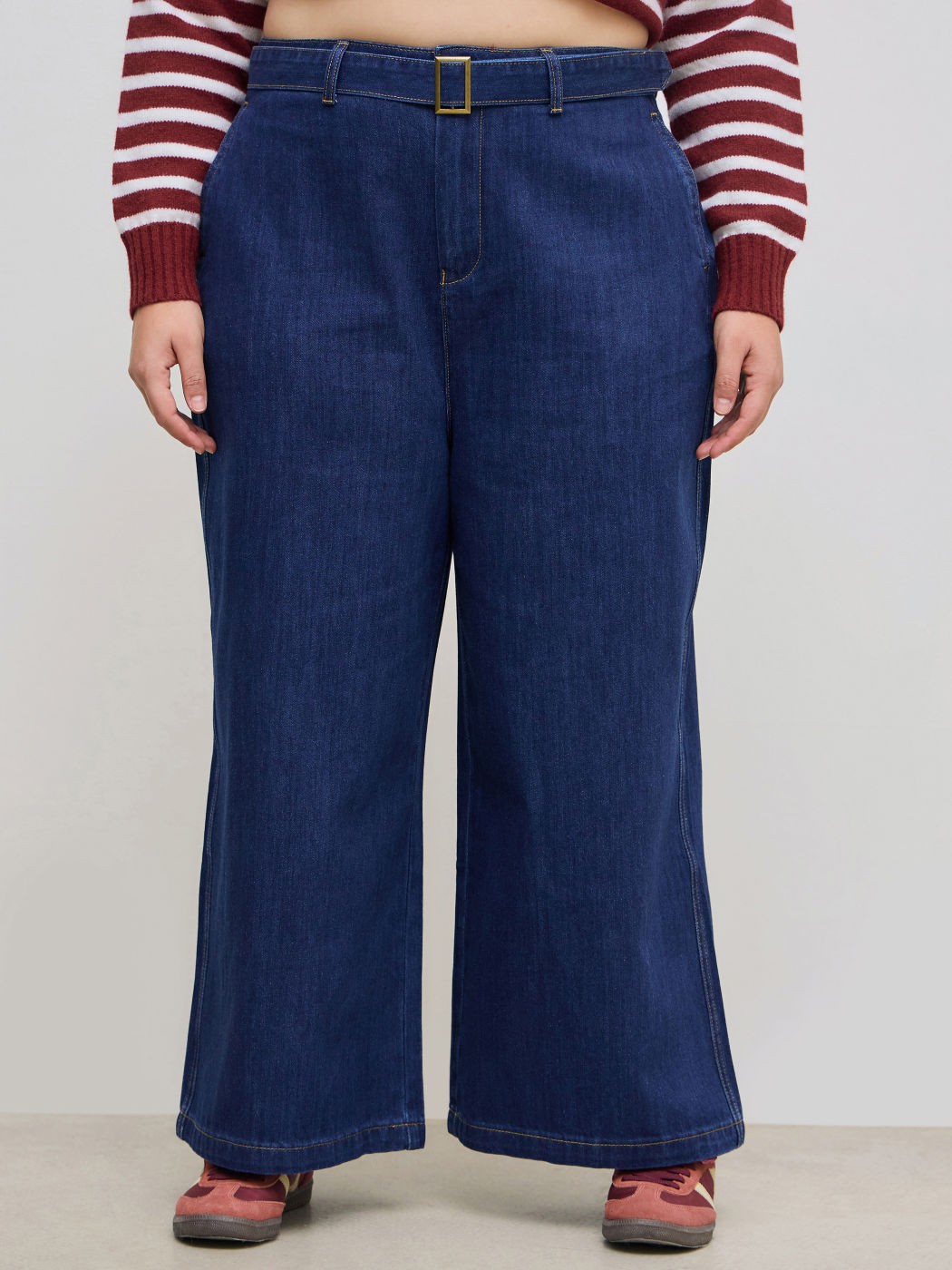 Cider Denim Mid Rise Solid Pocket Wide Leg Jeans With Belt Curve & Plus