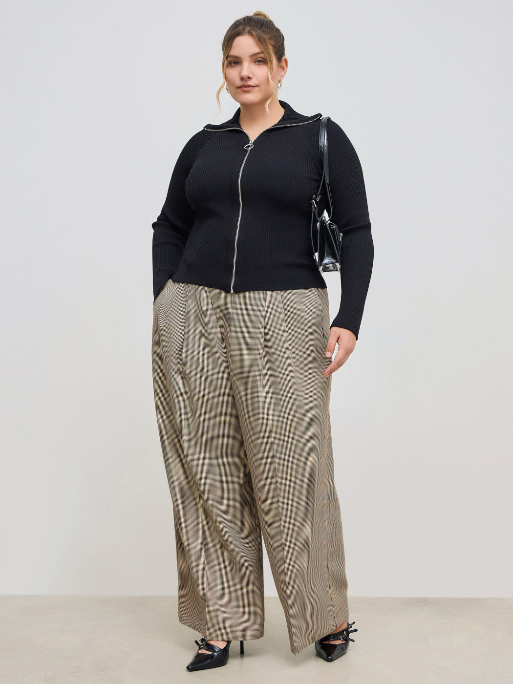 Einfarbiger Strickkragen-Reißverschluss-Cardigan Kurve & Plus