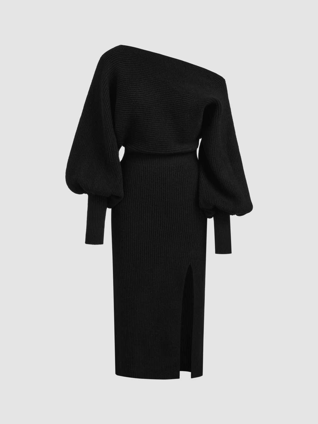 Knit Fabric Knit Boat Neck Split Puff Long Sleeve Midi Dress For Daily  Casual