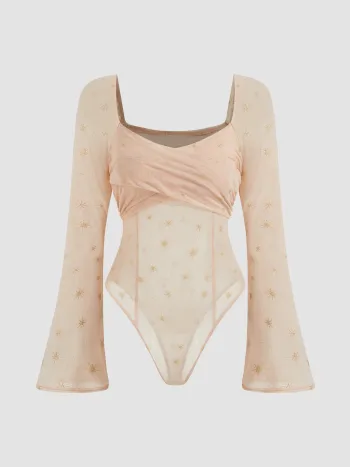 V-neck Lace Ruched Long Sleeve Jersey Top