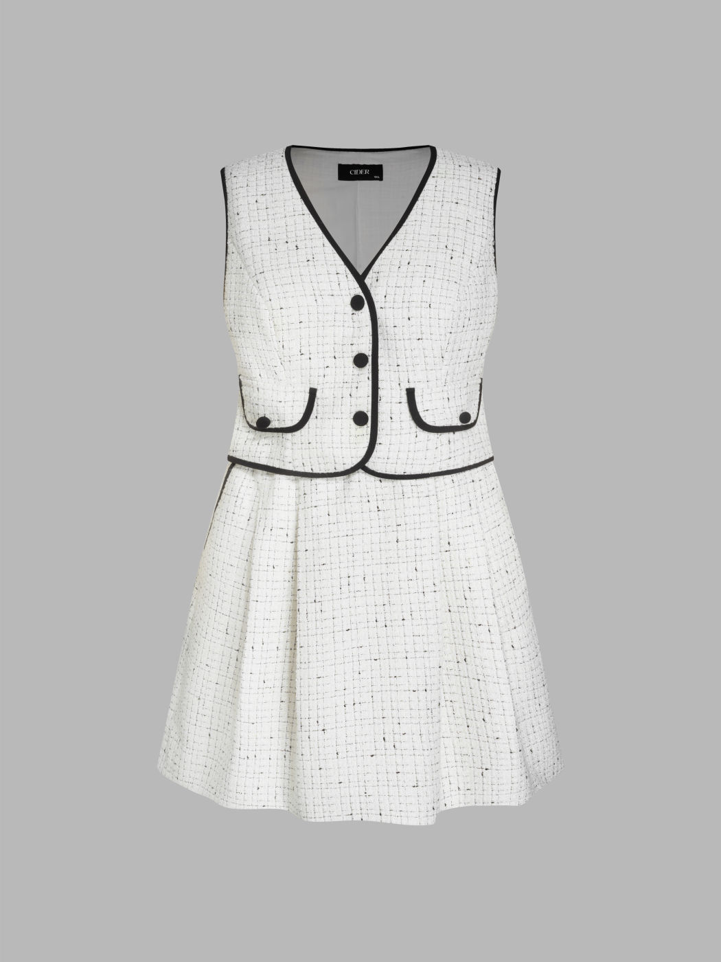 Tweed V-neck Contrasting Binding Mini Dress Curve & Plus