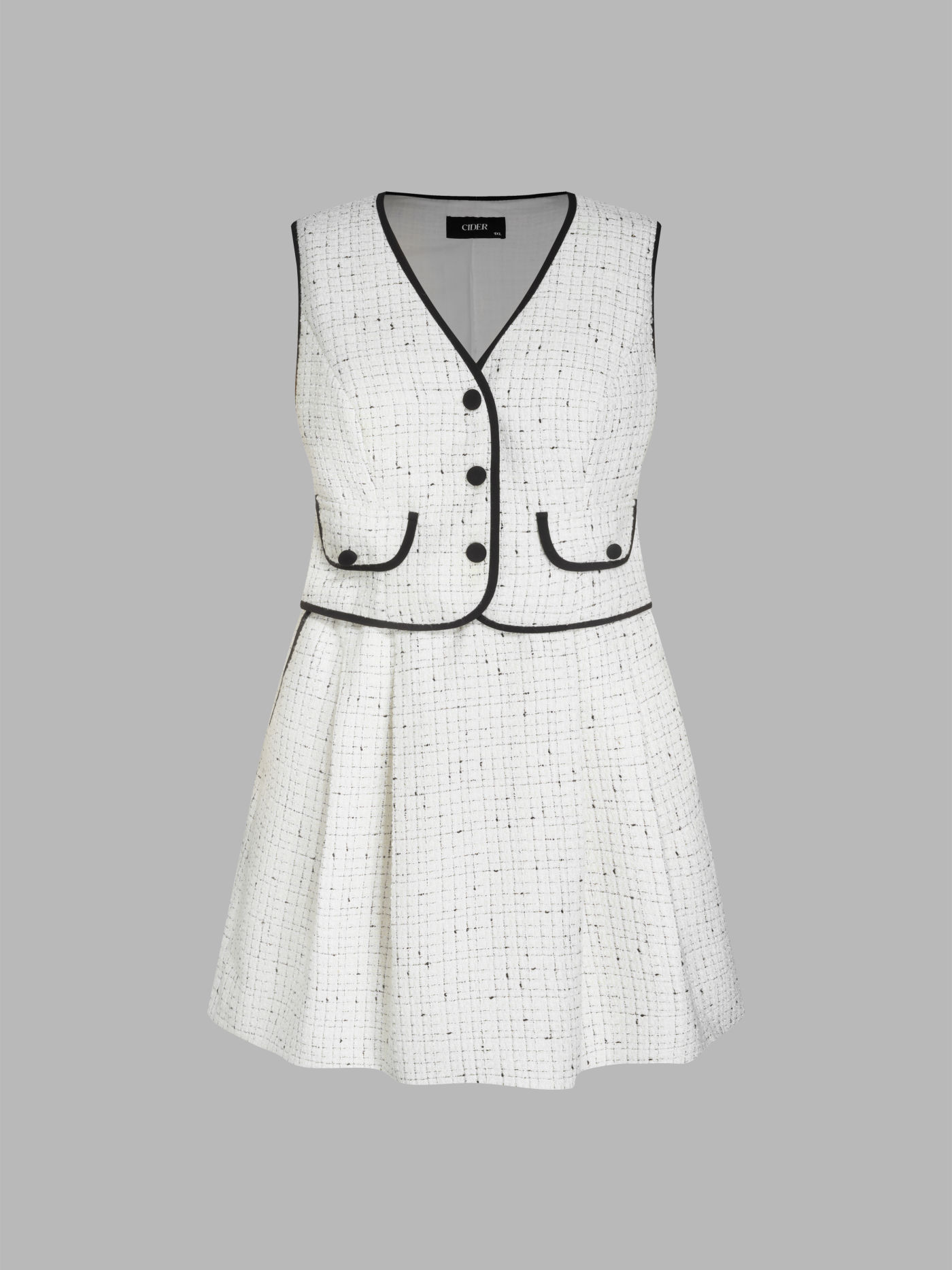 Tweed V-neck Contrasting Binding Mini Dress Curve & Plus
