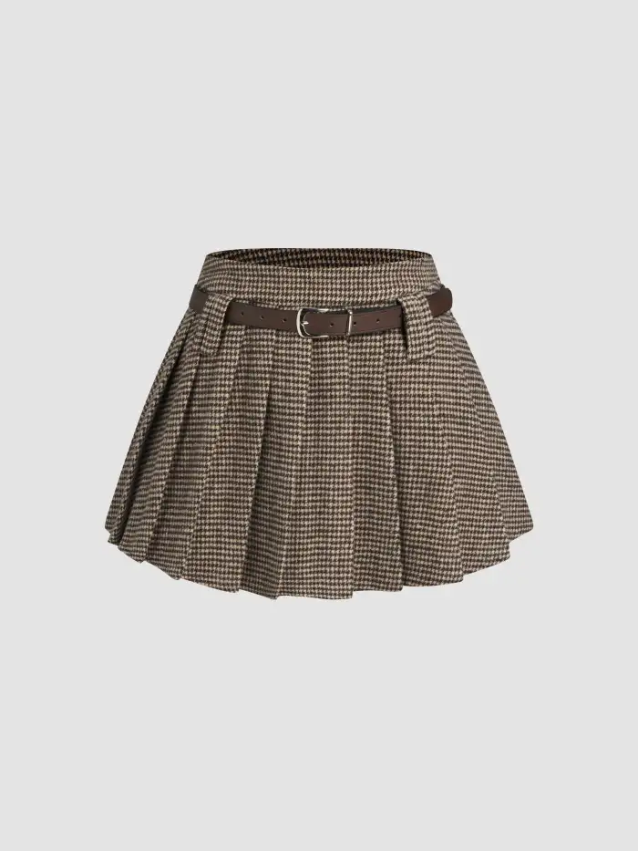 Woven Mid Rise Houndstooth Pleated Mini Skirt With Belt For Vacation