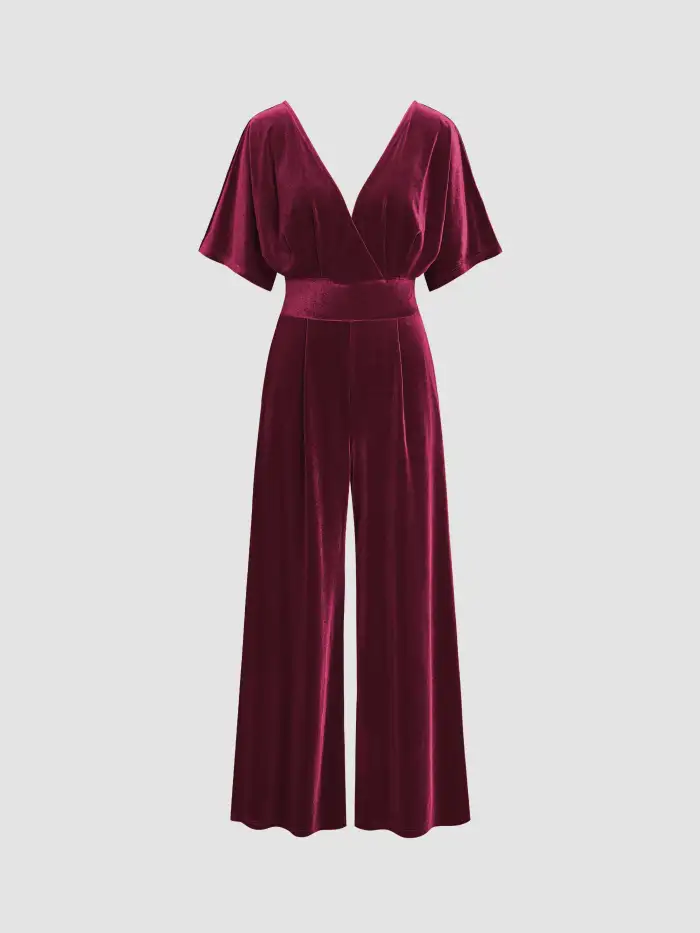 Velvet Velvet V-neck Sequin Bowknot Wrap Pocket Jumpsuit For Party/Clubbing