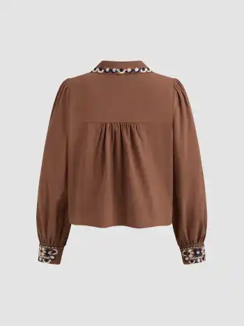 100% Baumwolle Kragen Aztec Knopf Langärmlige Bluse
