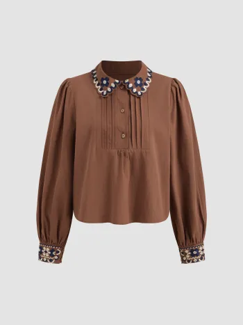 100% Baumwolle Kragen Aztec Knopf Langärmlige Bluse