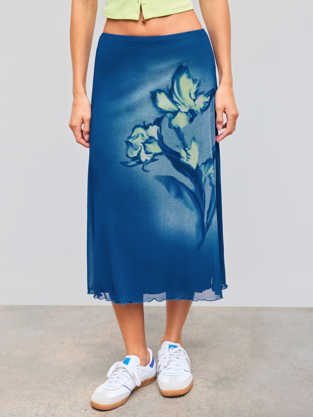 Mesh Mid Rise Floral Maxi Skirt