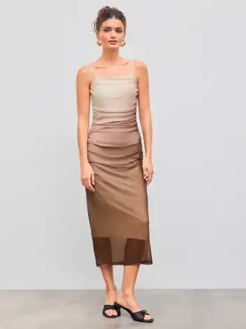 Mesh Square Neck Gradient Ruched Maxi Dress
