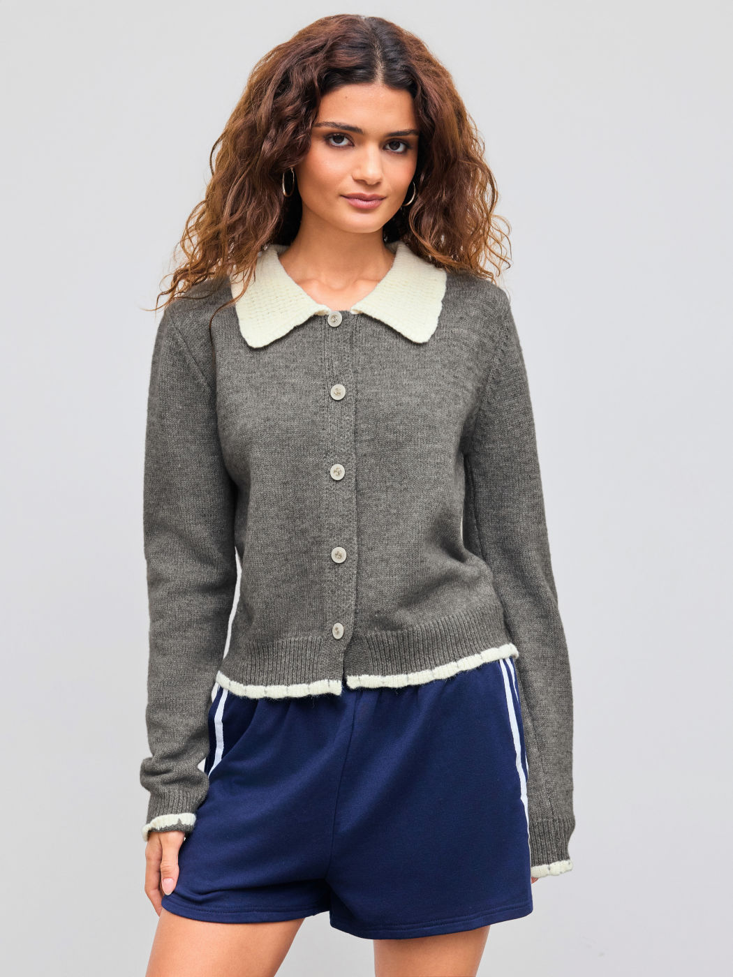 Knit Collar Contrasting Binding Button Up Cardigan