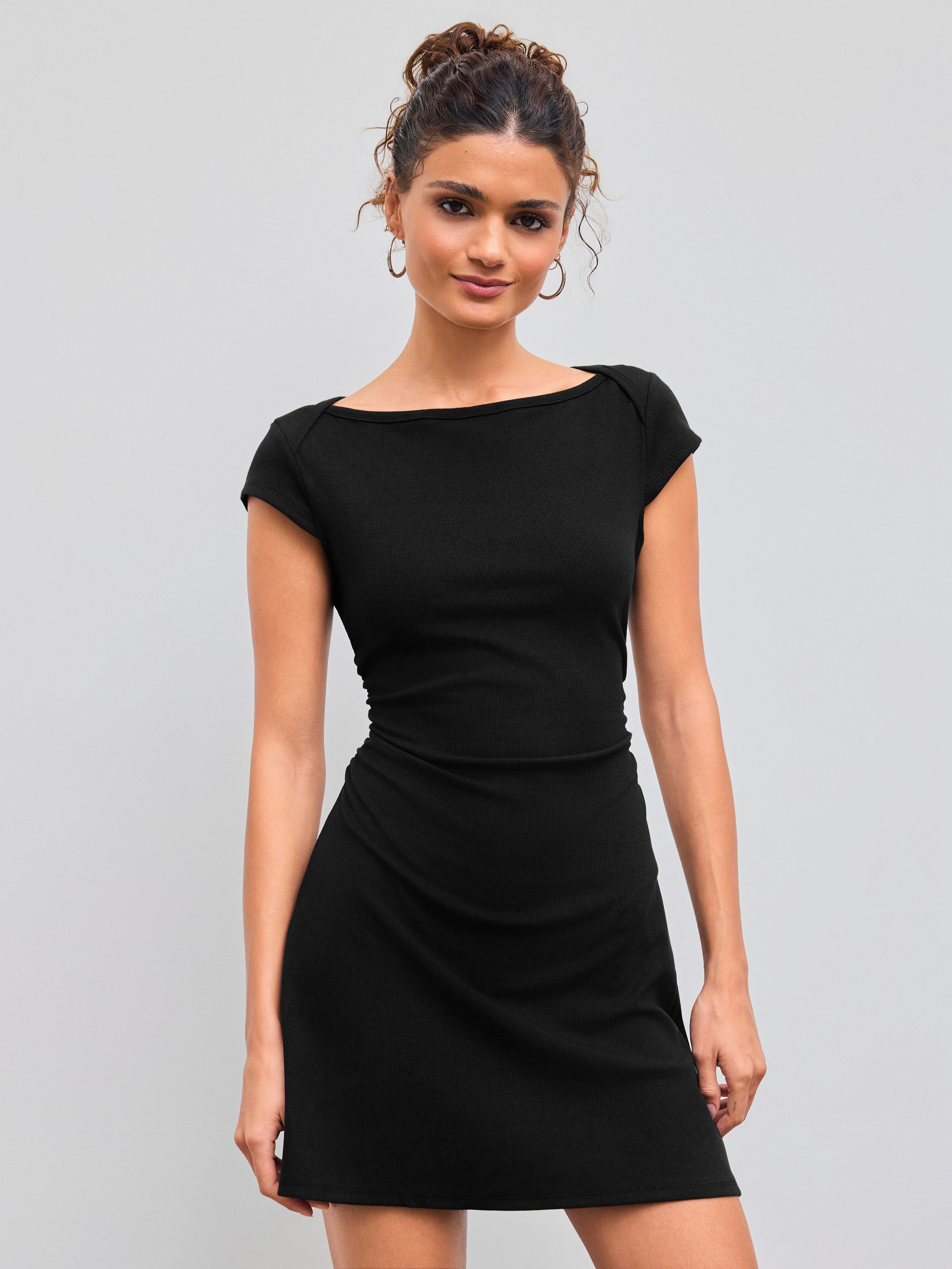 Cotton-blend Boat Neck Solid Ruched Mini Dress