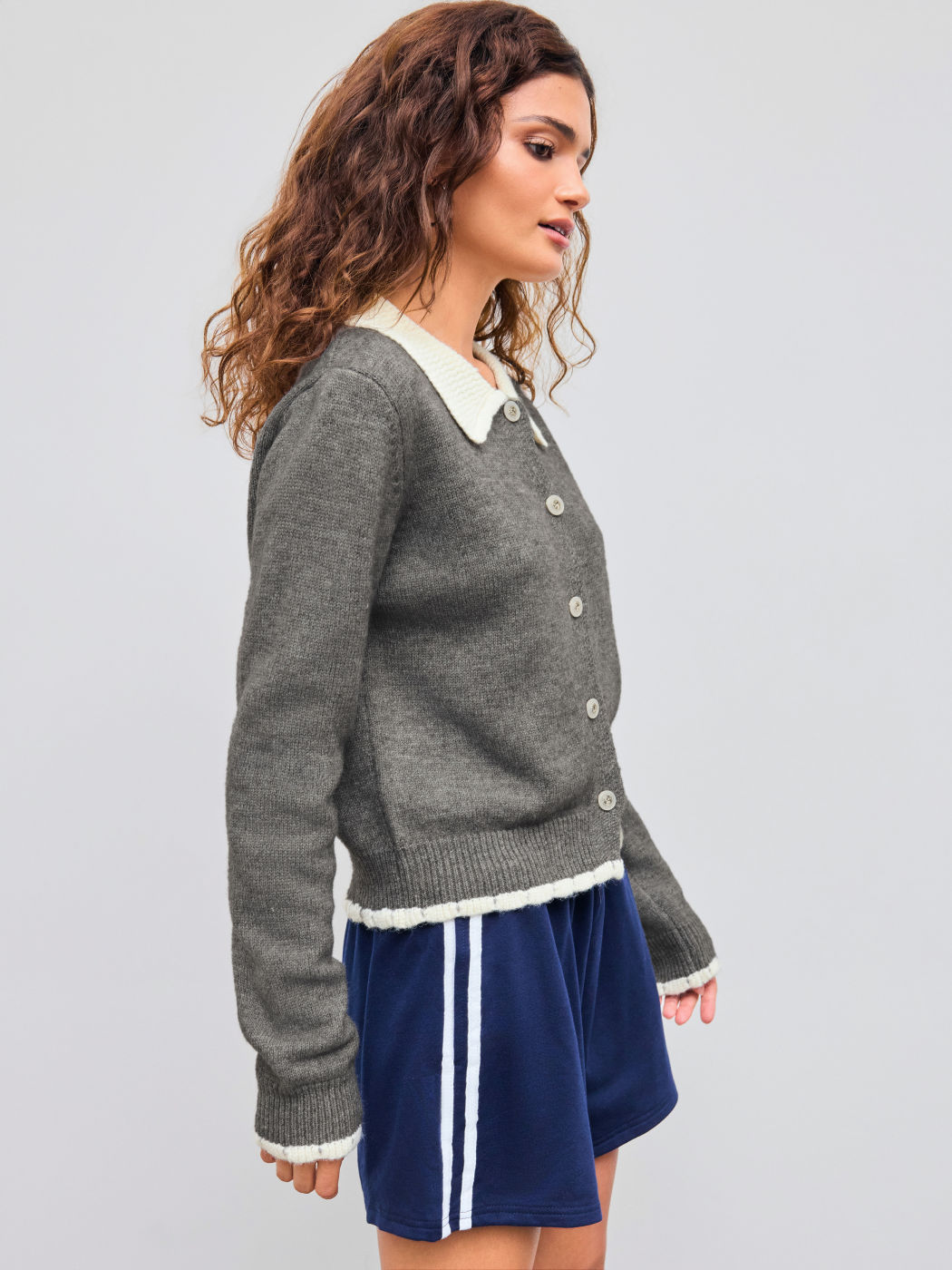 Knit Collar Contrasting Binding Button Up Cardigan