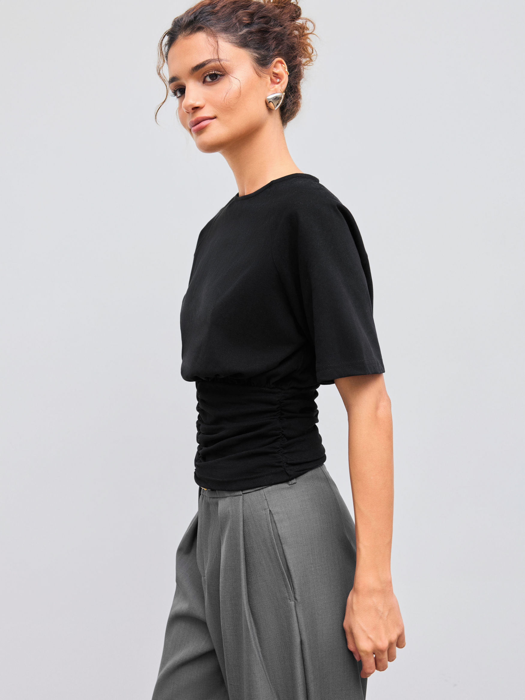 Cotton-blend Round Neck Solid Ruched Short Sleeve Tee