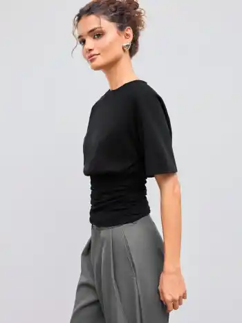 Cotton-blend Round Neck Solid Ruched Short Sleeve Tee