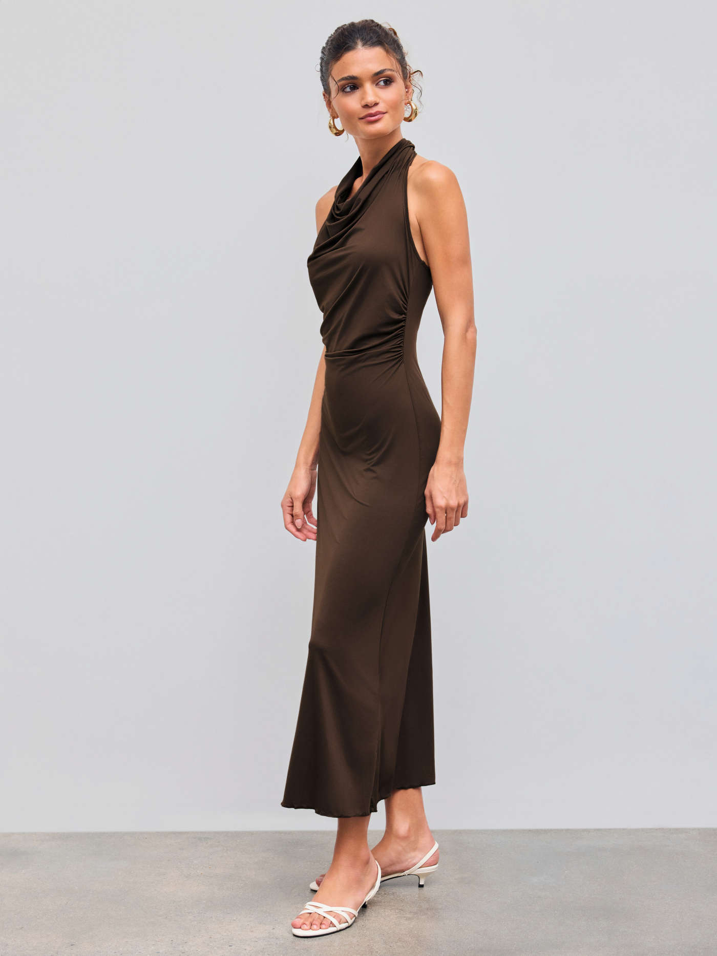 Cowl Neckline Solid Ruched Maxi Dress