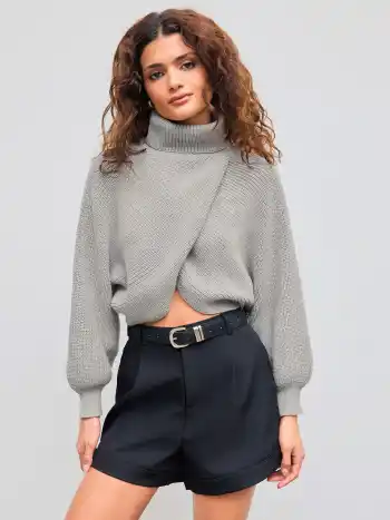 High Neck Solid Knitted Long Sleeve Crop Sweater