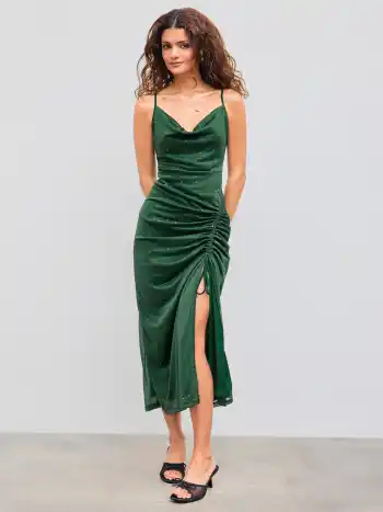 Maxikleid mit Rundhalsausschnitt, Glitzer, Rüschen, Schlitz und Zugverschluss