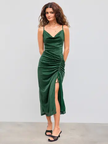 Abito Maxi con Coulisse, Spacco, Arricciature e Scollo a Cascata con Glitter