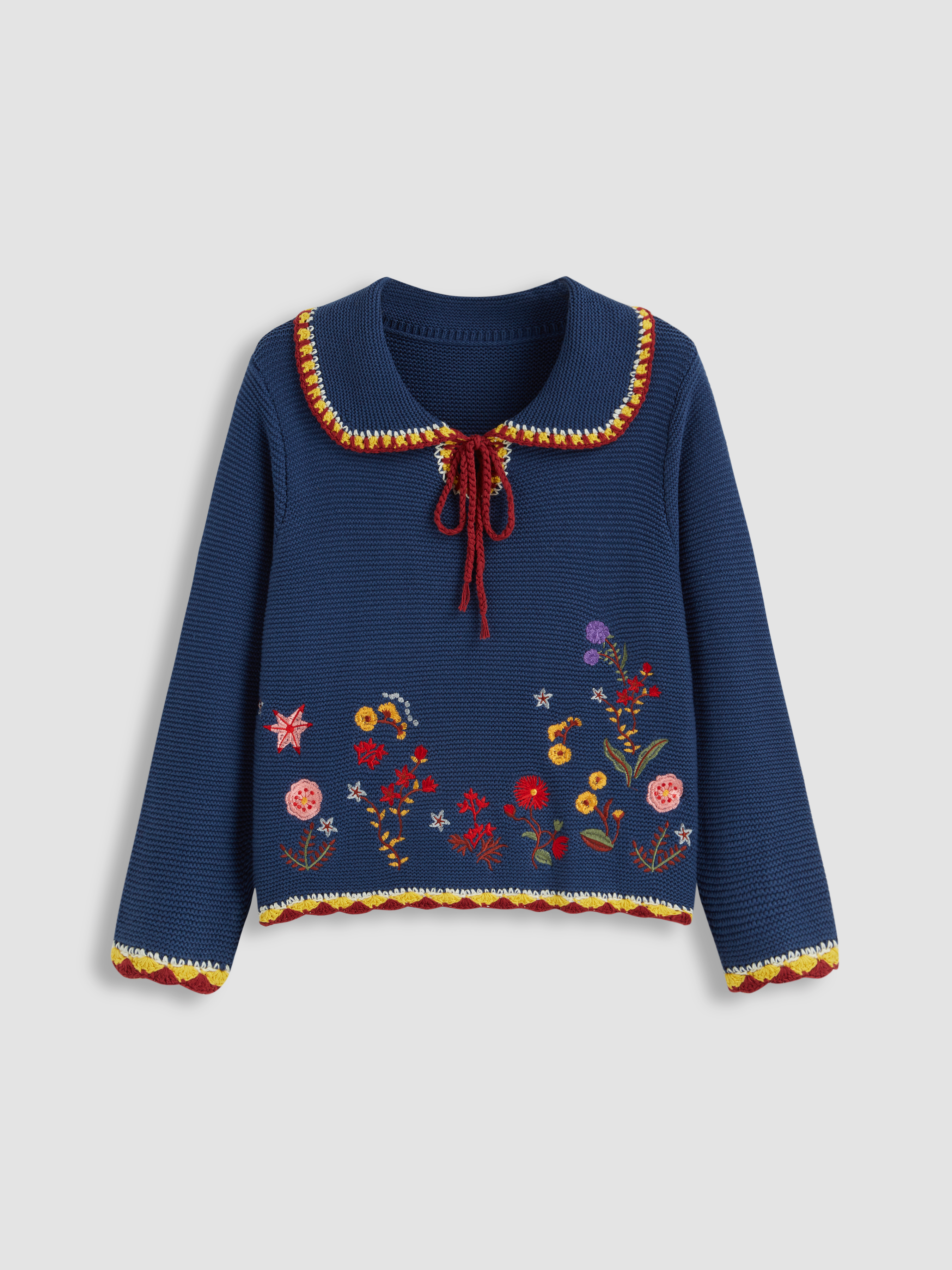 Knit Fabric Knit Collar Floral Embroidery Contrasting