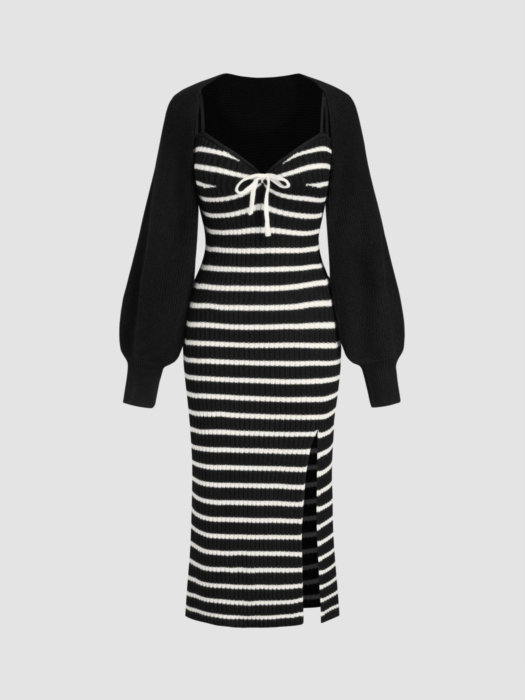 Knit Sweetheart Striped Split Maxi Dress & Long Sleeve Shrug Set