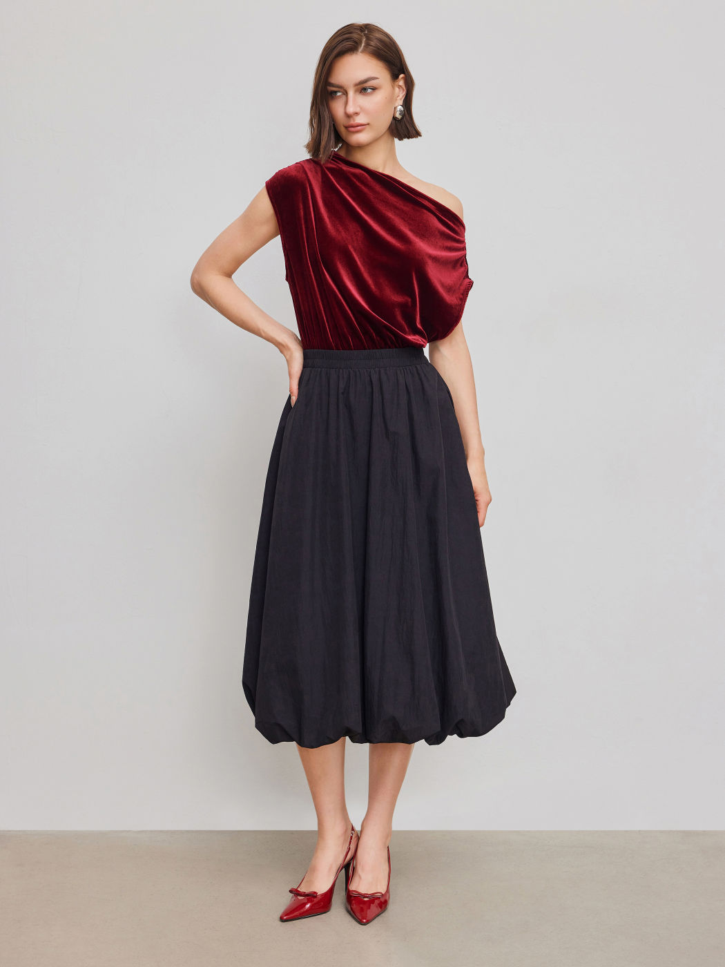 Velvet Asymmetrical Neck Ruched Bodysuit